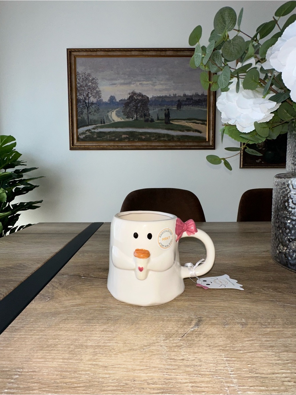 Market Finds Hand-Painted Ghost Coffee Mug with Pink Bow NWT